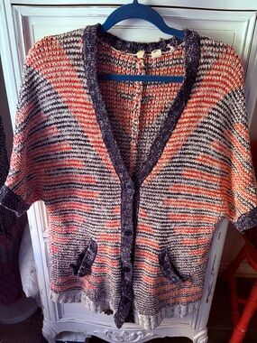 Moth by Anthropologie Reddish Orange, Navy Blue & Cream Knit Cardigan w/ Pockets